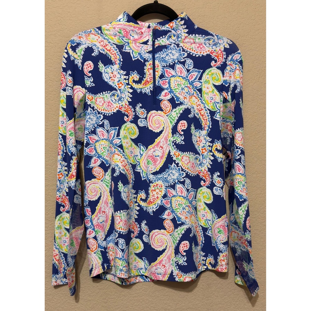 IBKUL Womens Navy Blue Multi Paisley Print Quarter Zip Sun Shirt Mesh Panels M